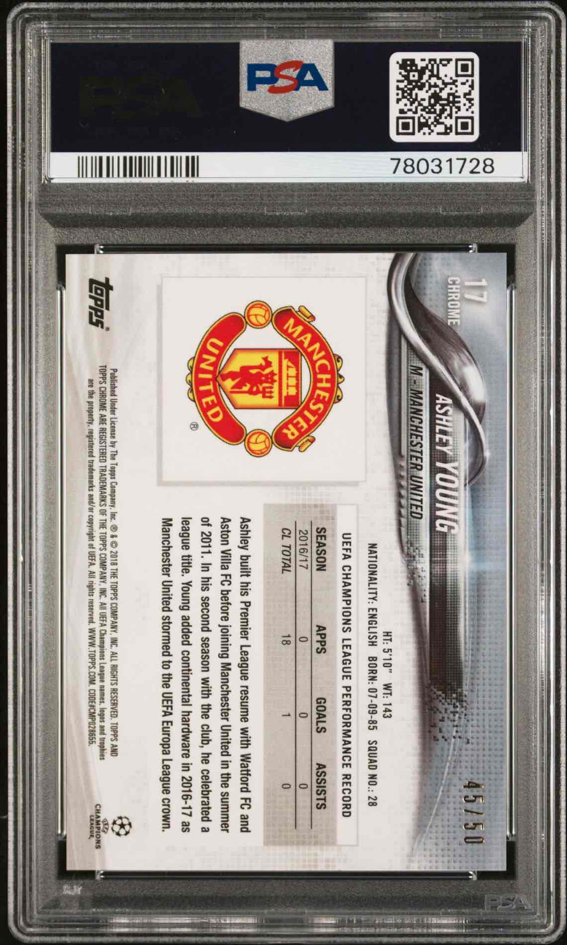 2017 TOPPS CHROME UEFA CHAMPIONS LEAGUE | GOLD REFRACTOR [#45/50]ASHLEY YOUNG 17 back
