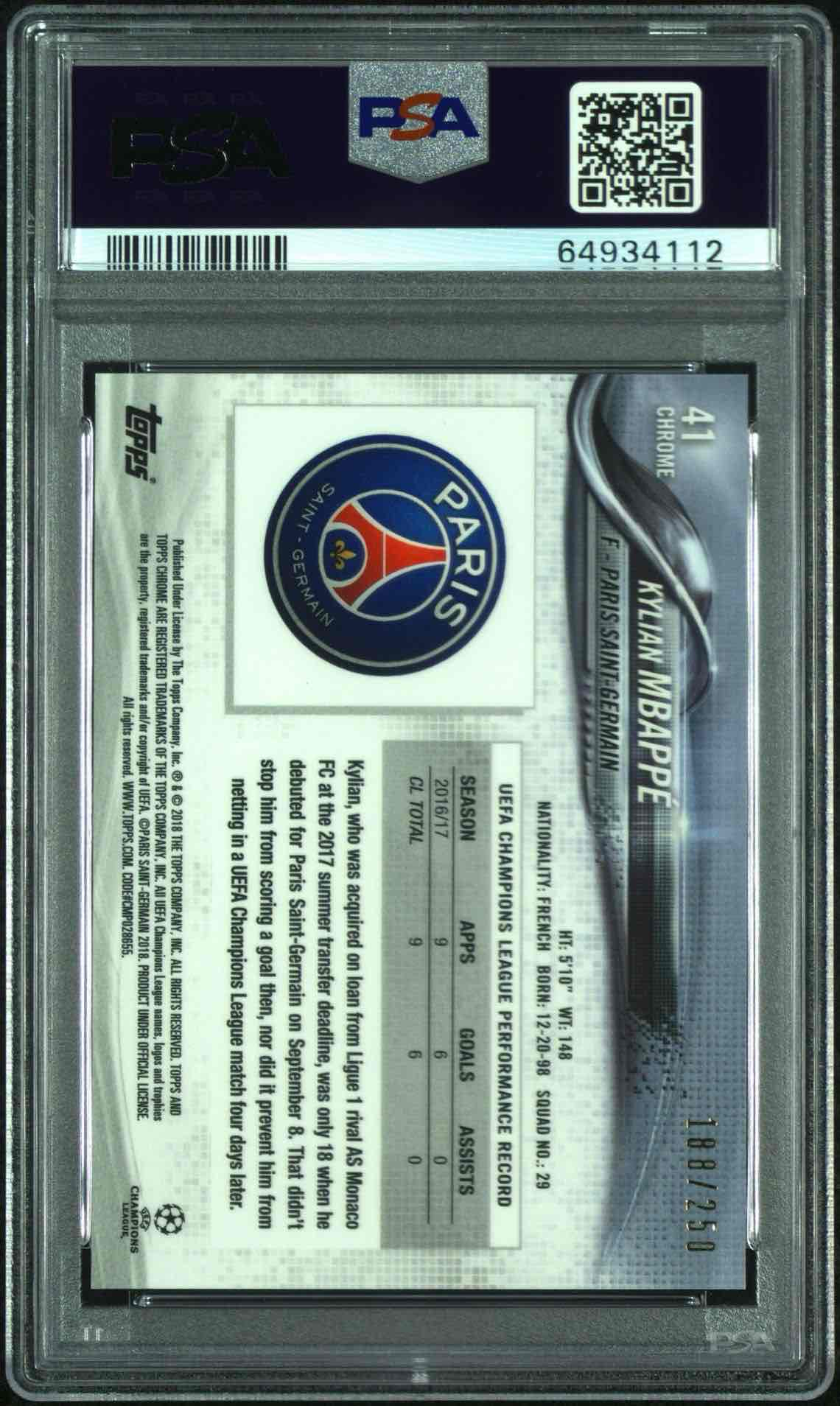 2017 TOPPS CHROME UEFA CHAMPIONS LEAGUE | PURPLE REFRACTOR ROOKIE CARD KYLIAN MBAPPE 41 back