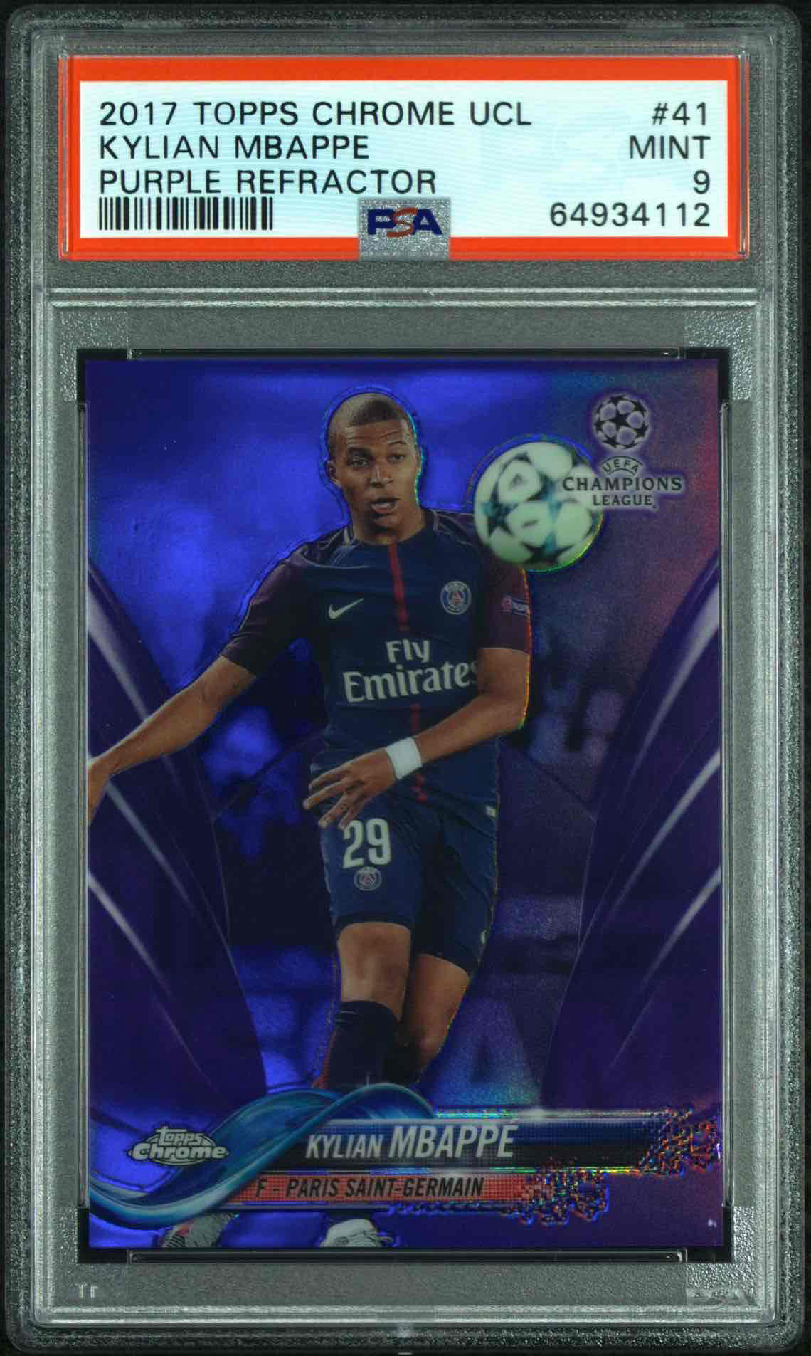 2017 TOPPS CHROME UEFA CHAMPIONS LEAGUE | PURPLE REFRACTOR ROOKIE CARD KYLIAN MBAPPE 41