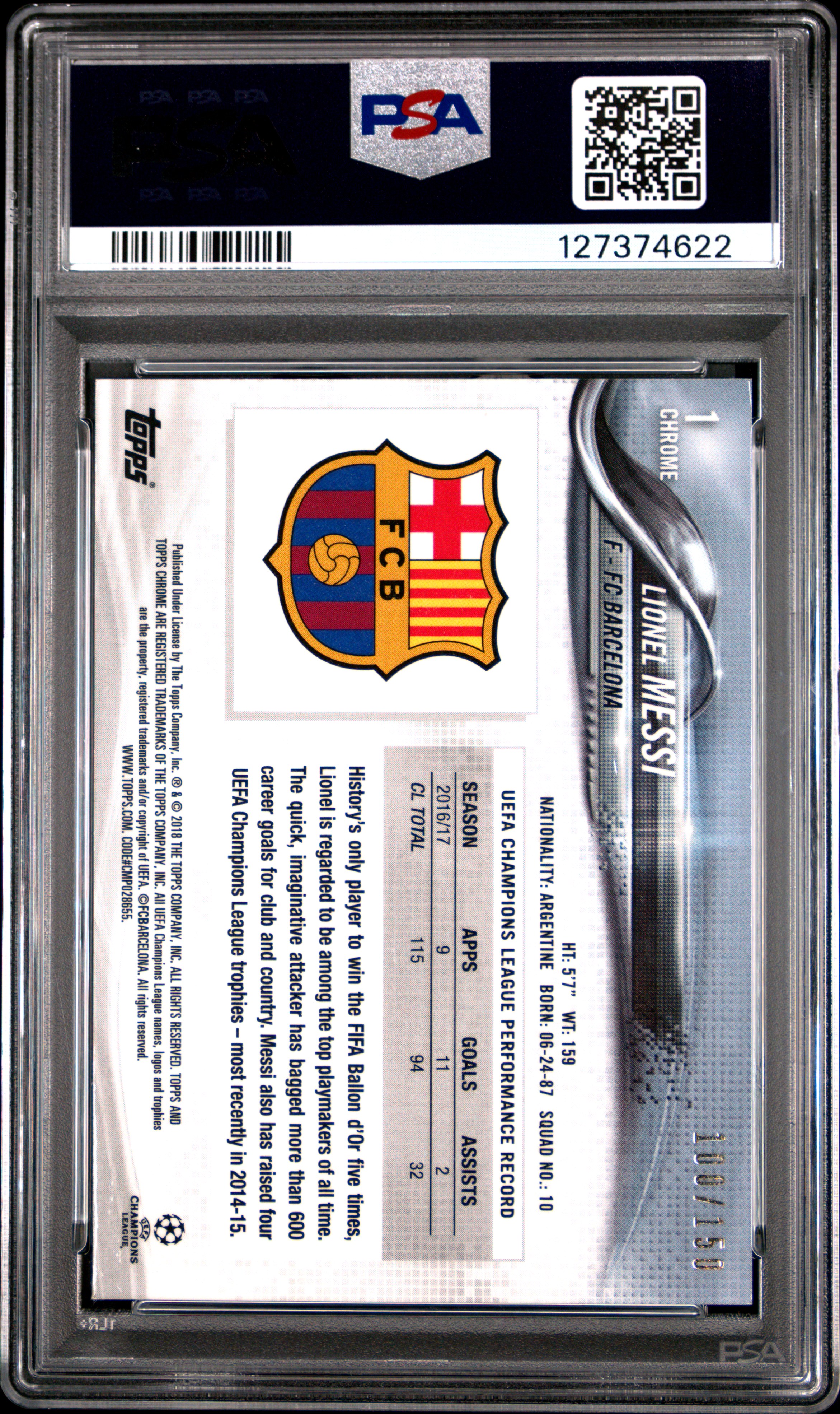2017 TOPPS CHROME UEFA CHAMPIONS LEAGUE | RIGHT LEG FORWARD-BLUE LIONEL MESSI 1 back