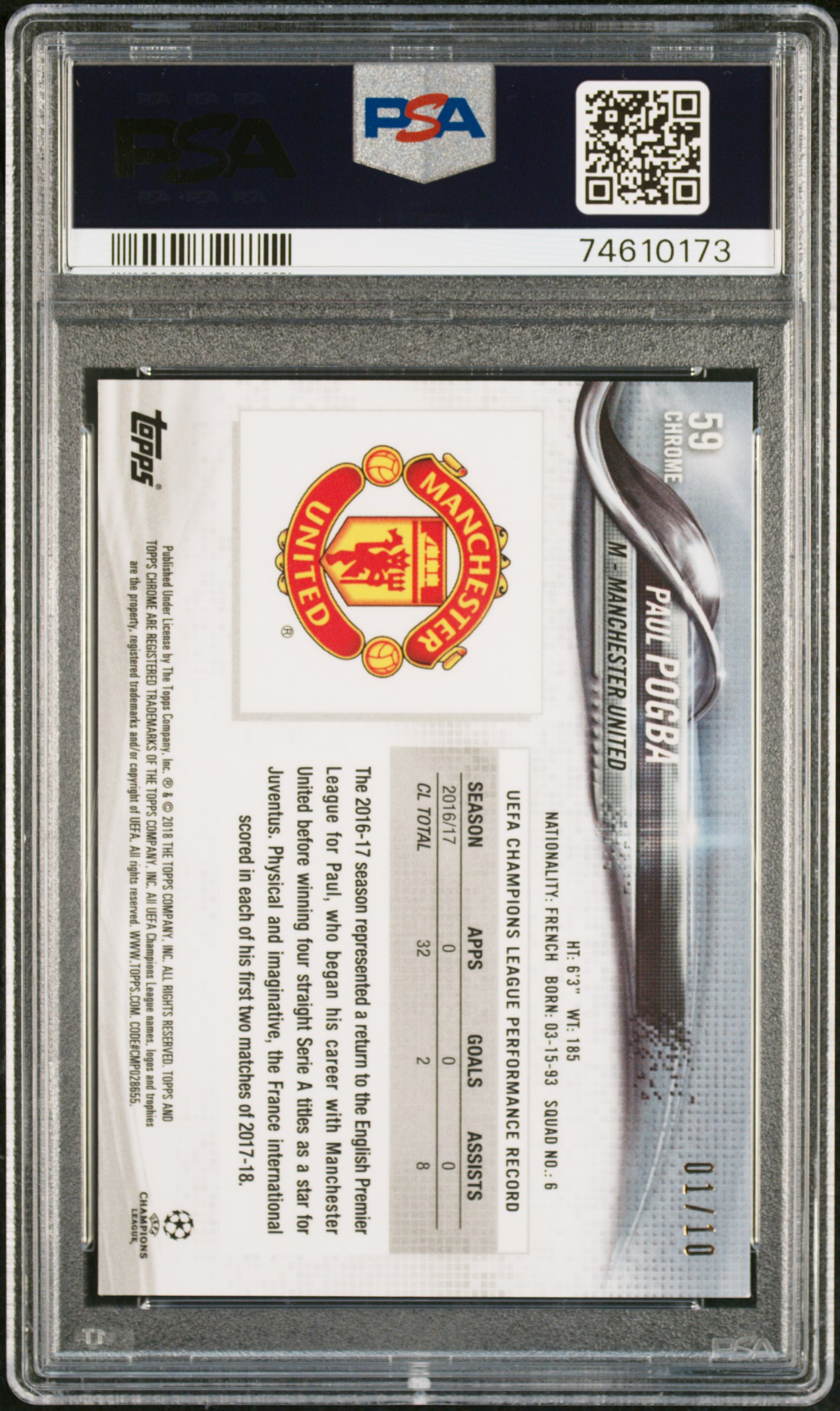 2017 TOPPS CHROME UEFA CHAMPIONS LEAGUE | RED REFRACTOR [#1/10] PAUL POGBA 59 — back