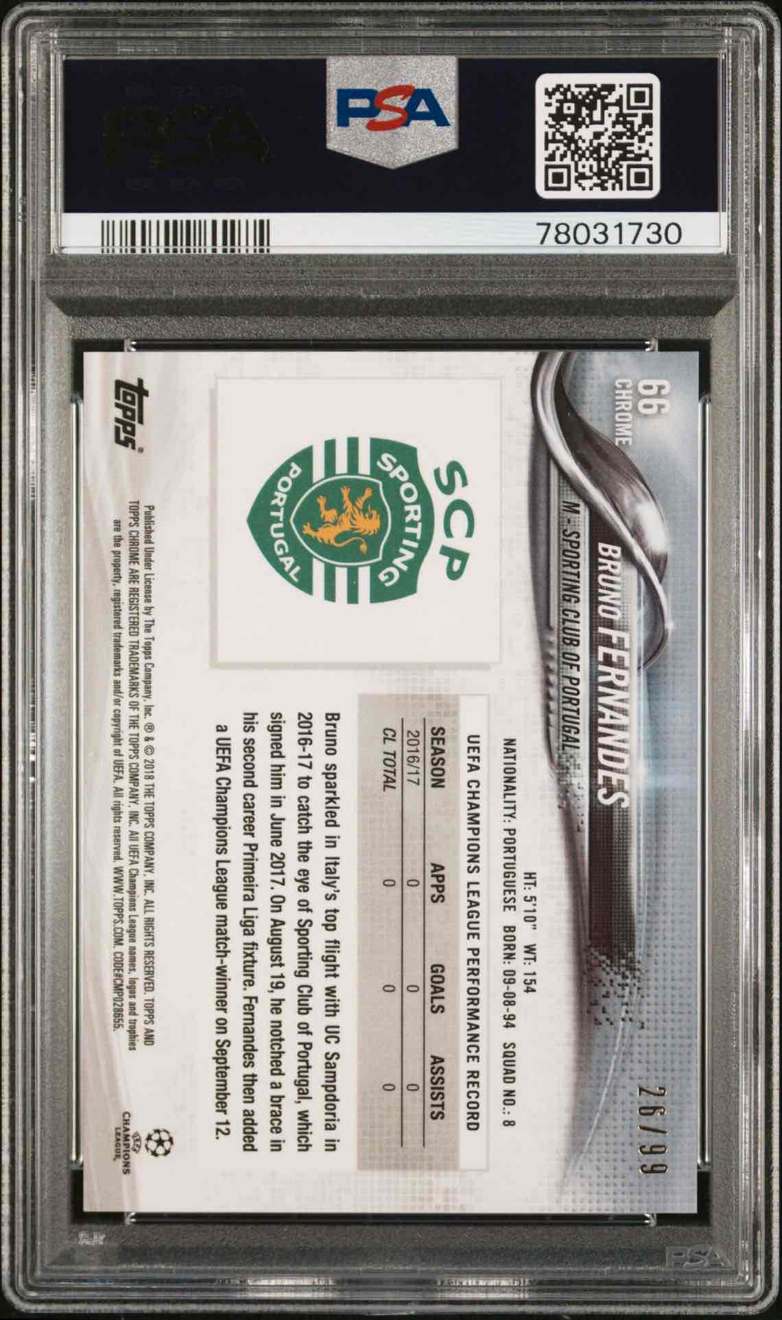2017 TOPPS CHROME UEFA CHAMPIONS LEAGUE | GREEN REFRACTOR [#26/99]BRUNO FERNANDES 66 — back