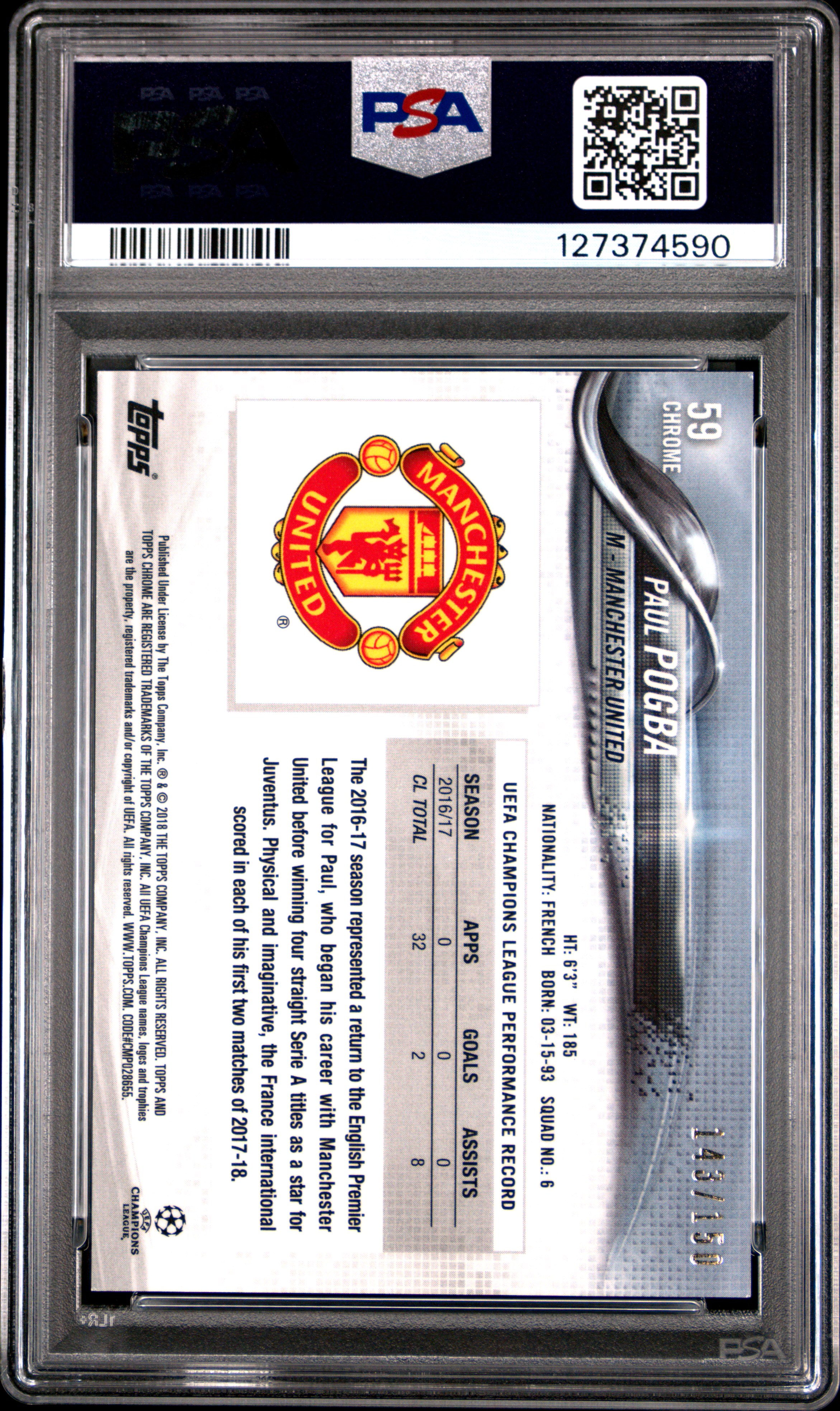 2017 TOPPS CHROME UEFA CHAMPIONS LEAGUE | BLUE REFRACTOR [#143/150] PAUL POGBA 59 back
