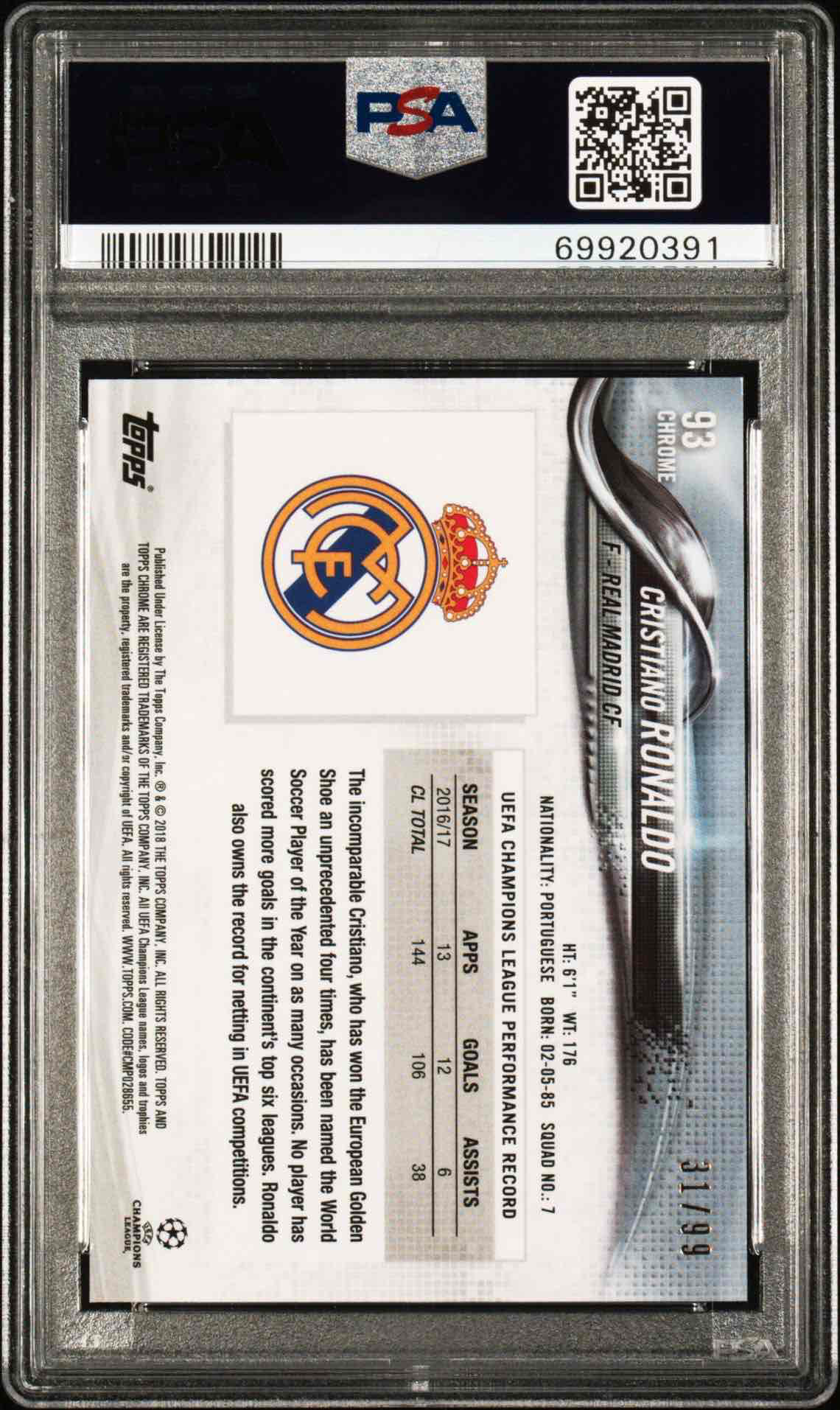 2017 TOPPS CHROME UEFA CHAMPIONS LEAGUE | WITH BALL-GREEN REFRACTOR CRISTIANO RONALDO 93 back
