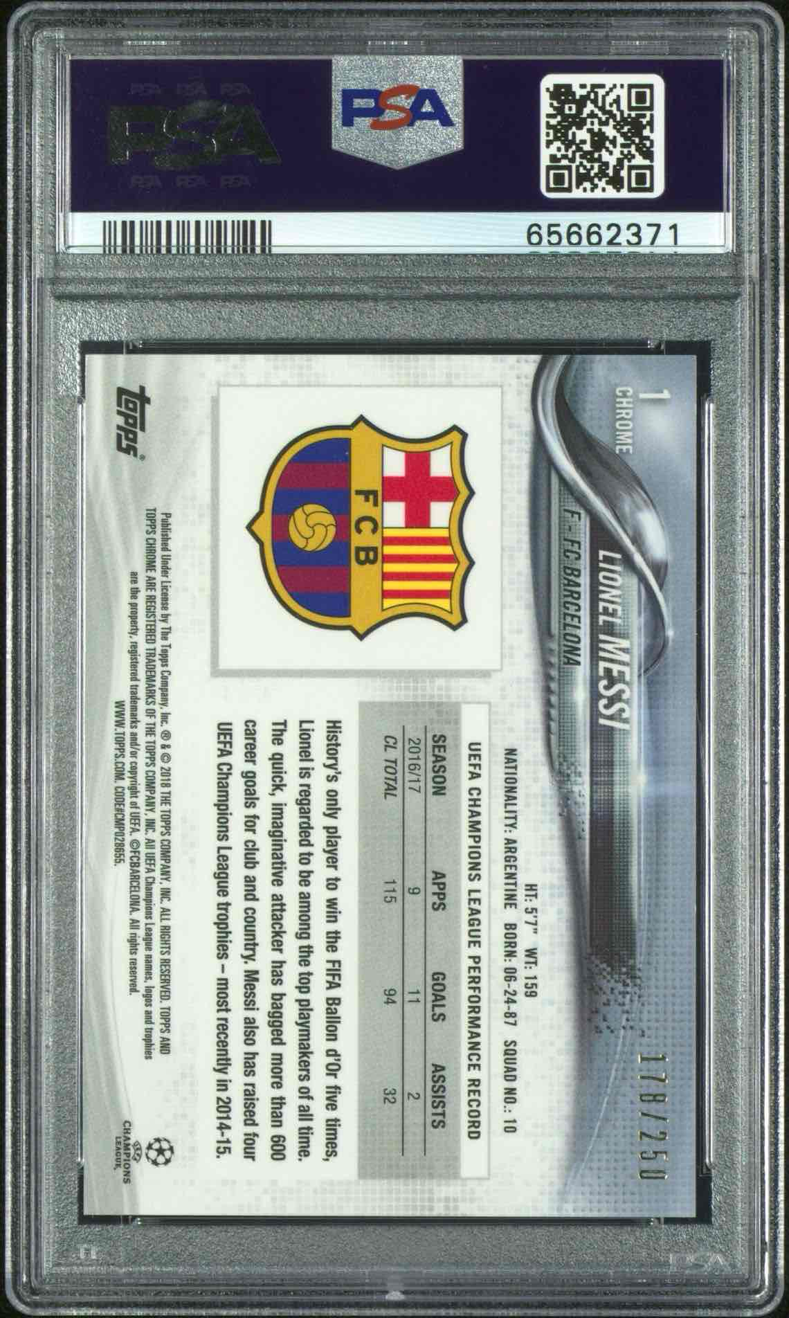 2017 TOPPS CHROME UEFA CHAMPIONS LEAGUE | RIGHT LEG FOWARD-PURPLE LIONEL MESSI 1 back