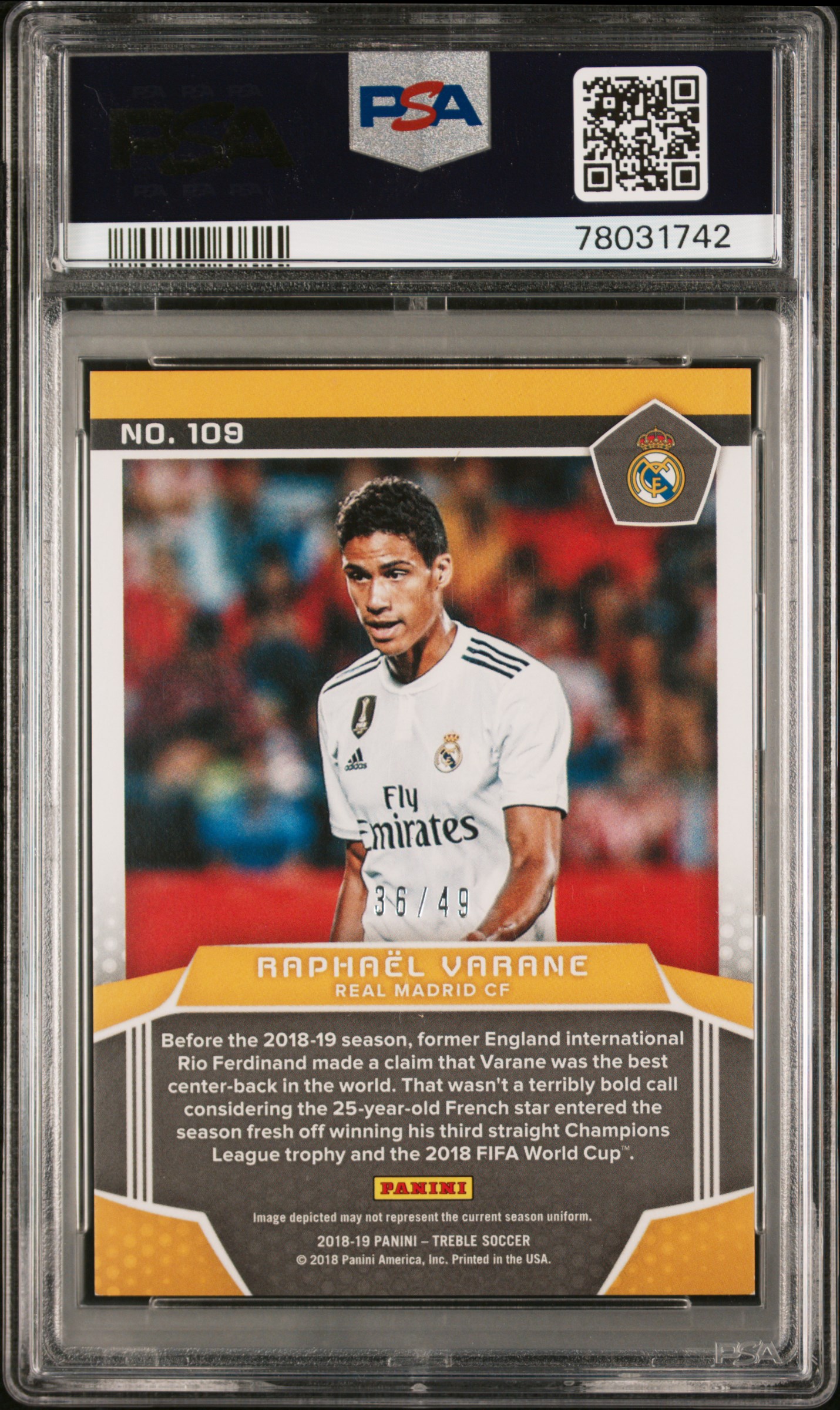 2018 PANINI TREBLE | PURPLE [#36/49] RAPHAEL VARANE 109 — back