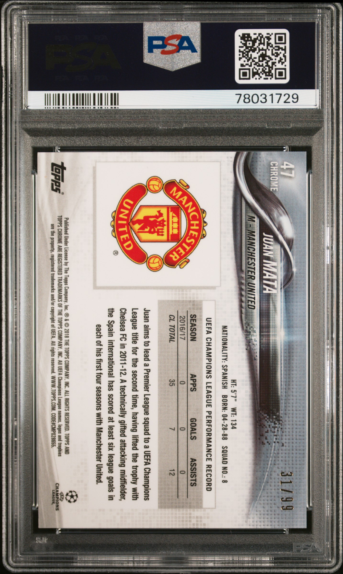 2017 TOPPS CHROME UEFA CHAMPIONS LEAGUE | GREEN REFRACTOR [#31/99] JUAN MATA 47 back