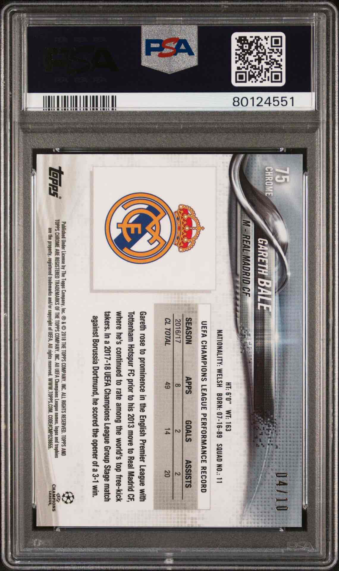 2017 TOPPS CHROME UEFA CHAMPIONS LEAGUE | RED REFRACTOR [#4/10]GARETH BALE 75 — back
