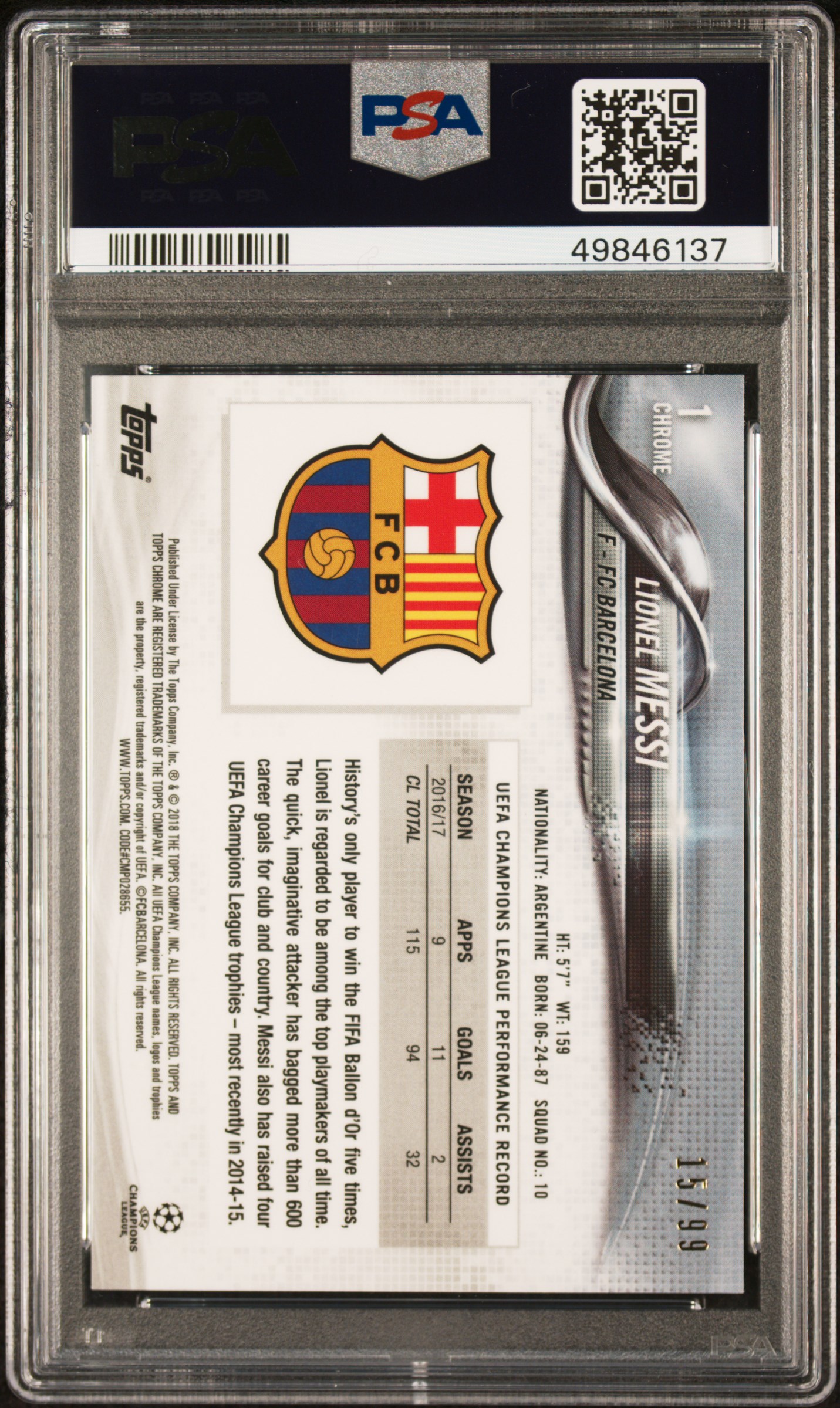 2017 TOPPS CHROME UEFA CHAMPIONS LEAGUE | RIGHT LEG FORWARD-GREEN LIONEL MESSI 1 back