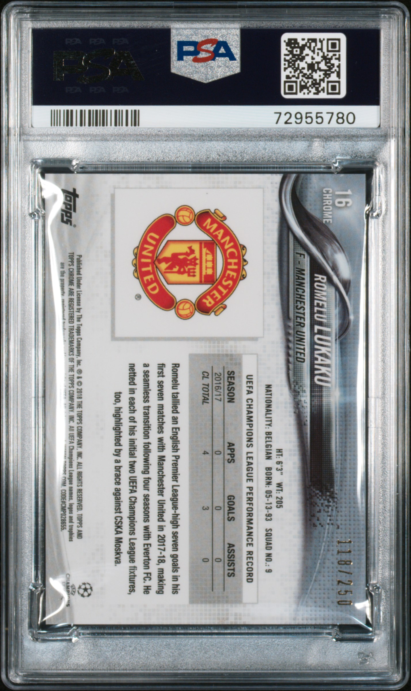 2017 TOPPS CHROME UEFA CHAMPIONS LEAGUE | PURPLE REFRACTOR [#118/250] ROMELU LUKAKU 16 back