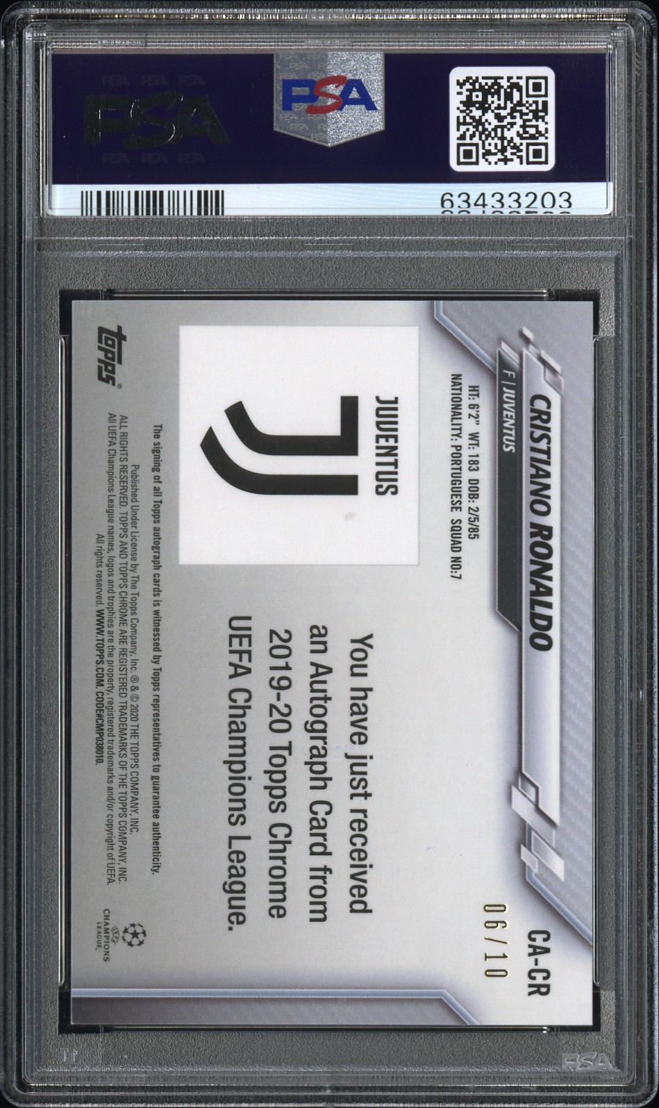 2019 TOPPS CHROME UEFA CHAMPIONS LEAGUE AUTOGRAPHS | RED REFRACTOR CRISTIANO RONALDO back