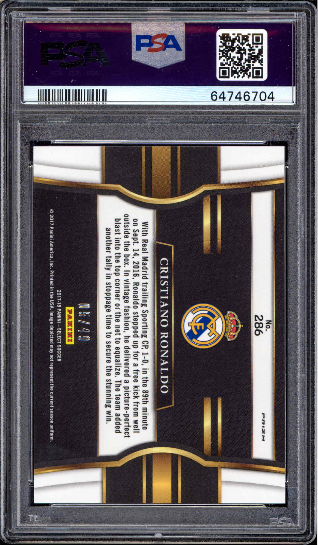 2017 Select Cristiano Ronaldo Field Level Copper /49 - PSA 10 back