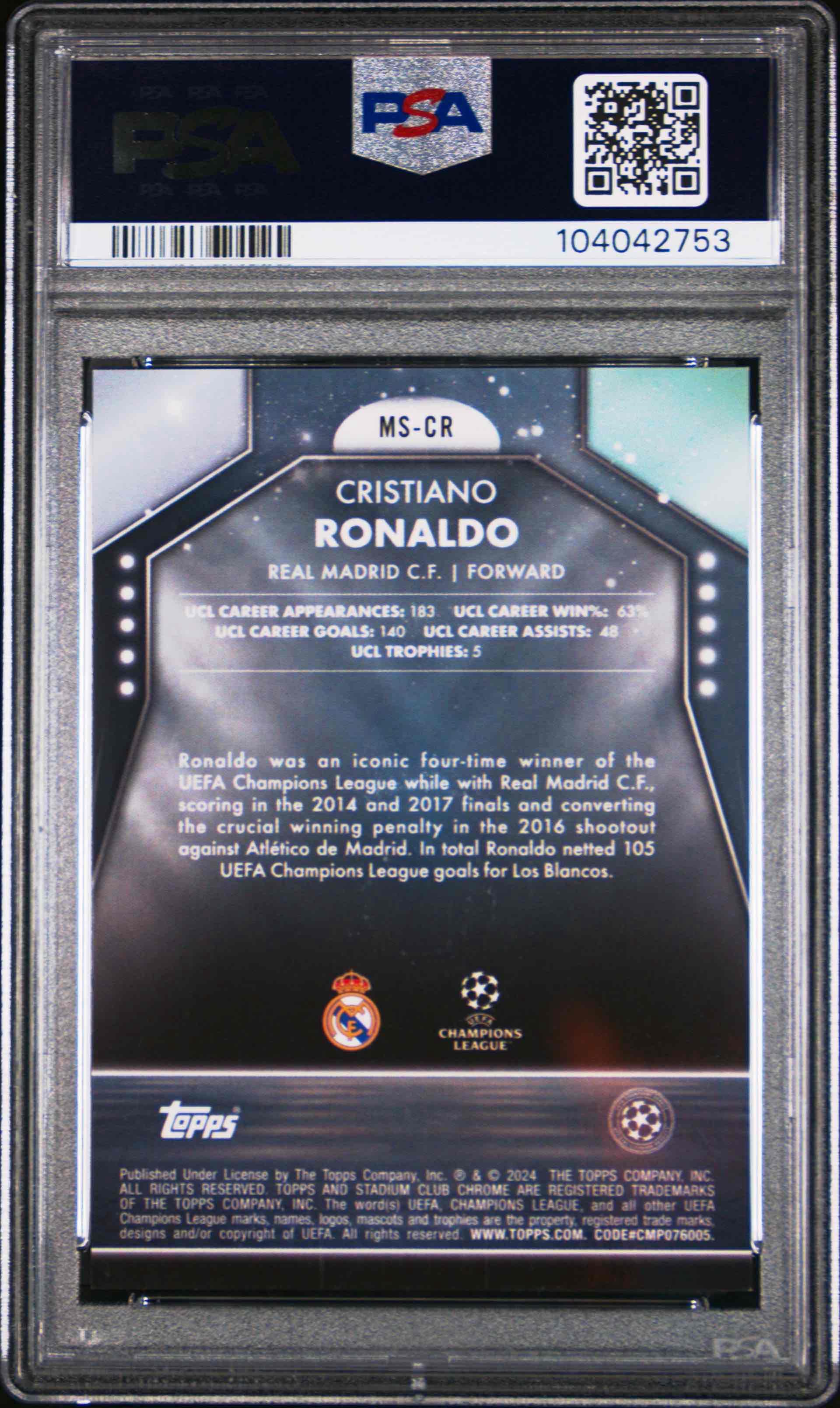 2023-24 Topps Stadium Club UCL CR7 Main Stage Orange /25 - PSA 9 back