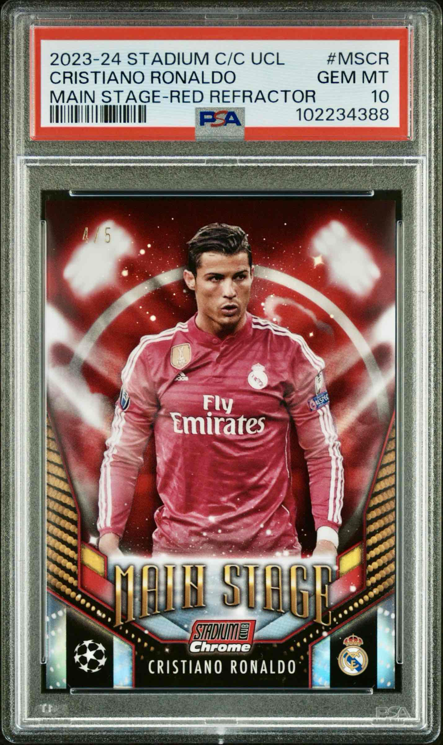 2023-24 Topps Stadium Club UCL CR7 Main Stage Red /5 - PSA 10
