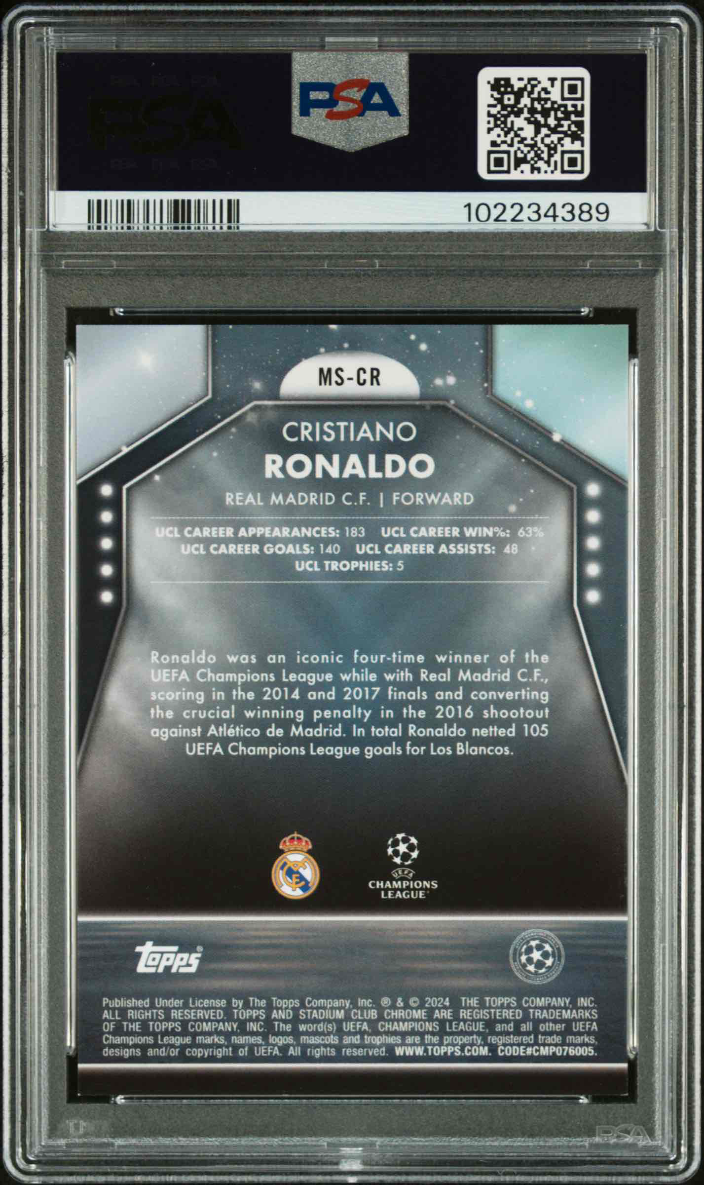 2023-24 Topps Stadium Club UCL CR7 Main Stage Gold /50 - PSA 9 back