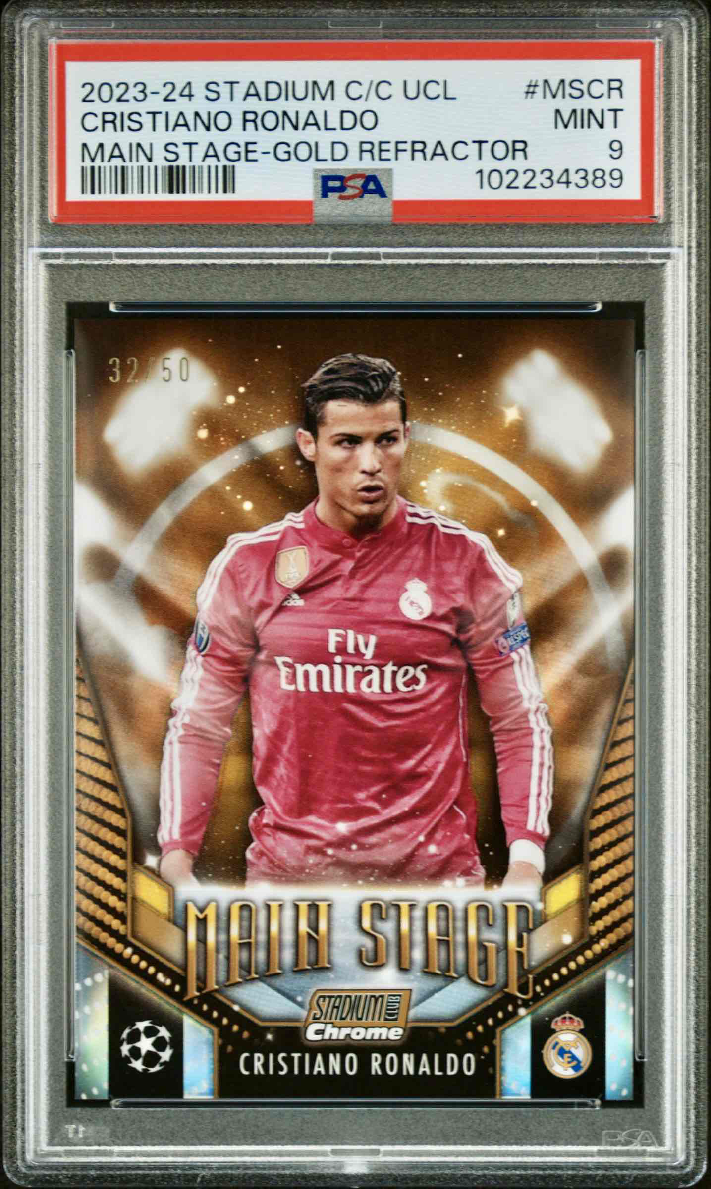 2023-24 Topps Stadium Club UCL CR7 Main Stage Gold /50 - PSA 9