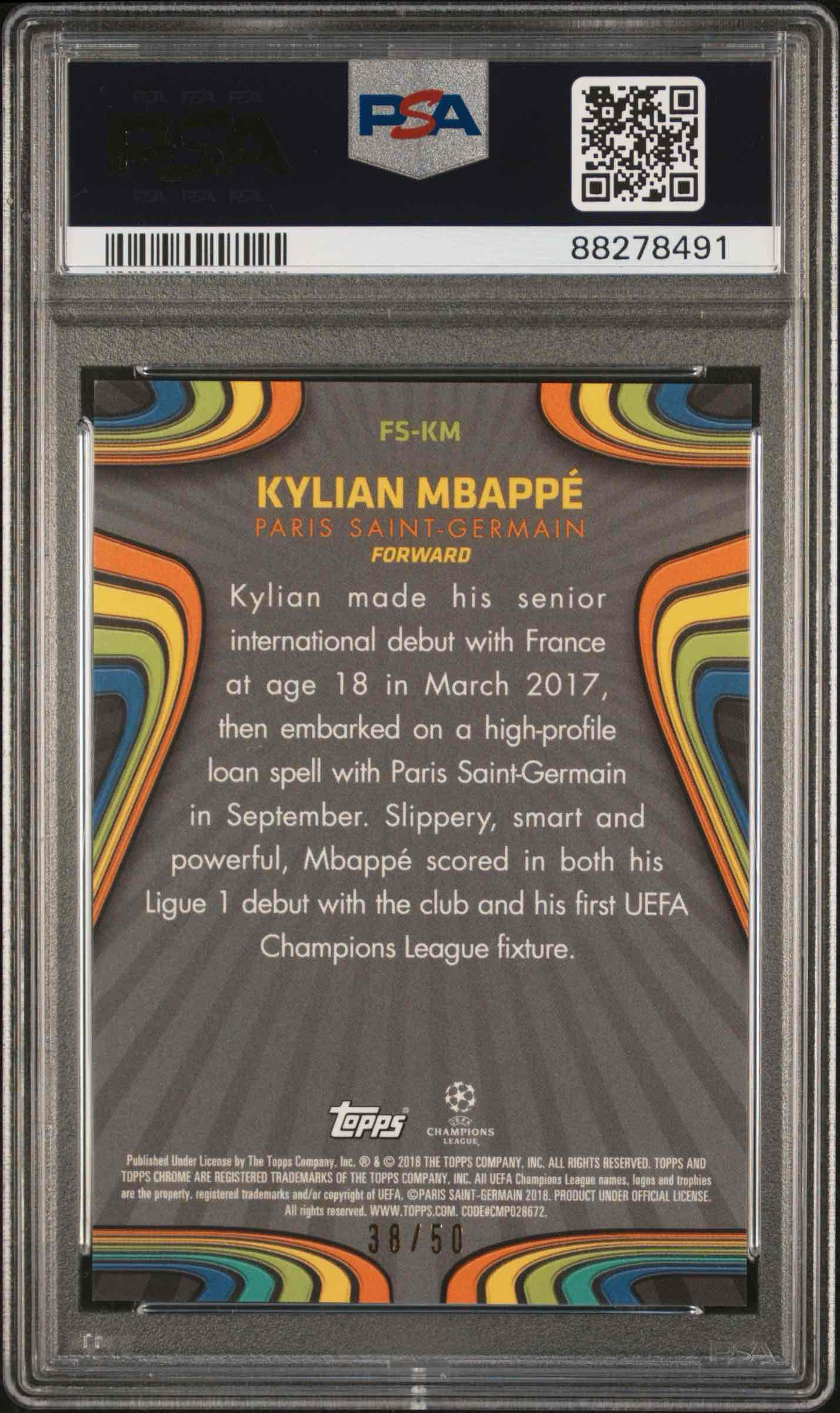 2017 Topps Chrome UCL Kylian Mbappe Future Stars Gold /50 RC - PSA 10 back