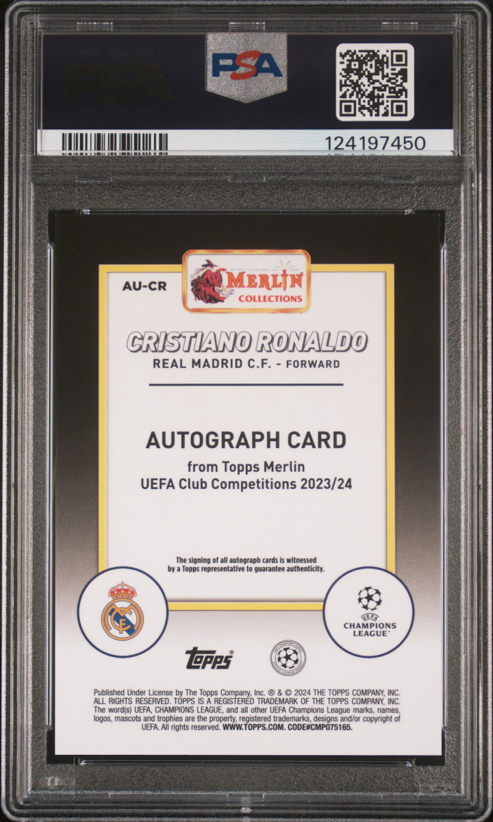 2023-24 Topps Merlin UCC Cristiano Ronaldo Purple Vintage Merlin Auto /8  — back