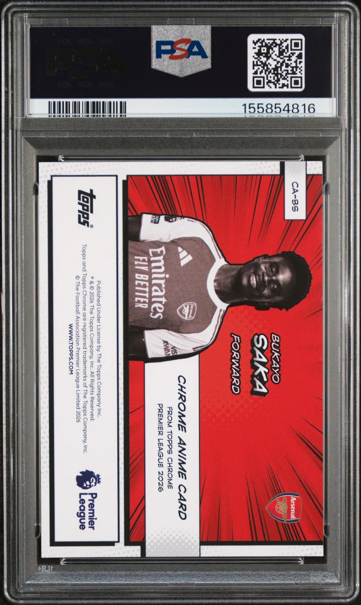 2025-2026 TOPPS CHROME PREMIER LEAGUE CHROME ANIME BUKAYO SAKA BLACK REFRACTOR PSA 9 back