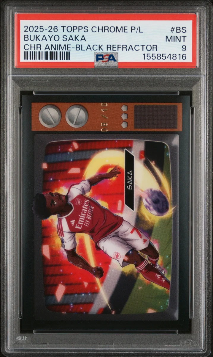 2025-2026 TOPPS CHROME PREMIER LEAGUE CHROME ANIME BUKAYO SAKA BLACK REFRACTOR PSA 9