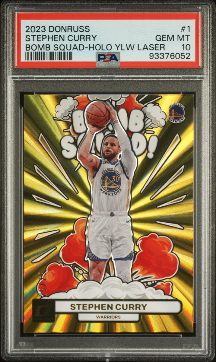2023 PANINI DONRUSS BOMB SQUAD 1 STEPHEN CURRY HOLO YELLOW LASER PSA 10