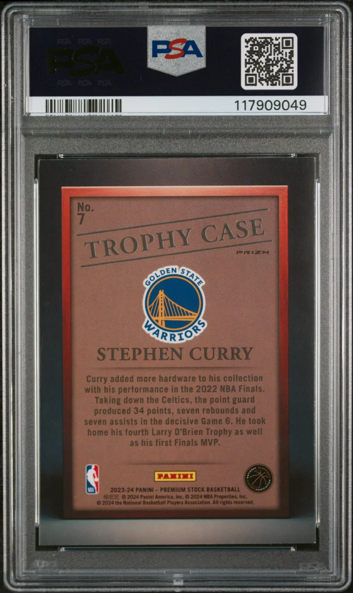 2023 PANINI HOOPS PREMIUM STOCK TROPHY CASE STEPHEN CURRY PSA 9 back