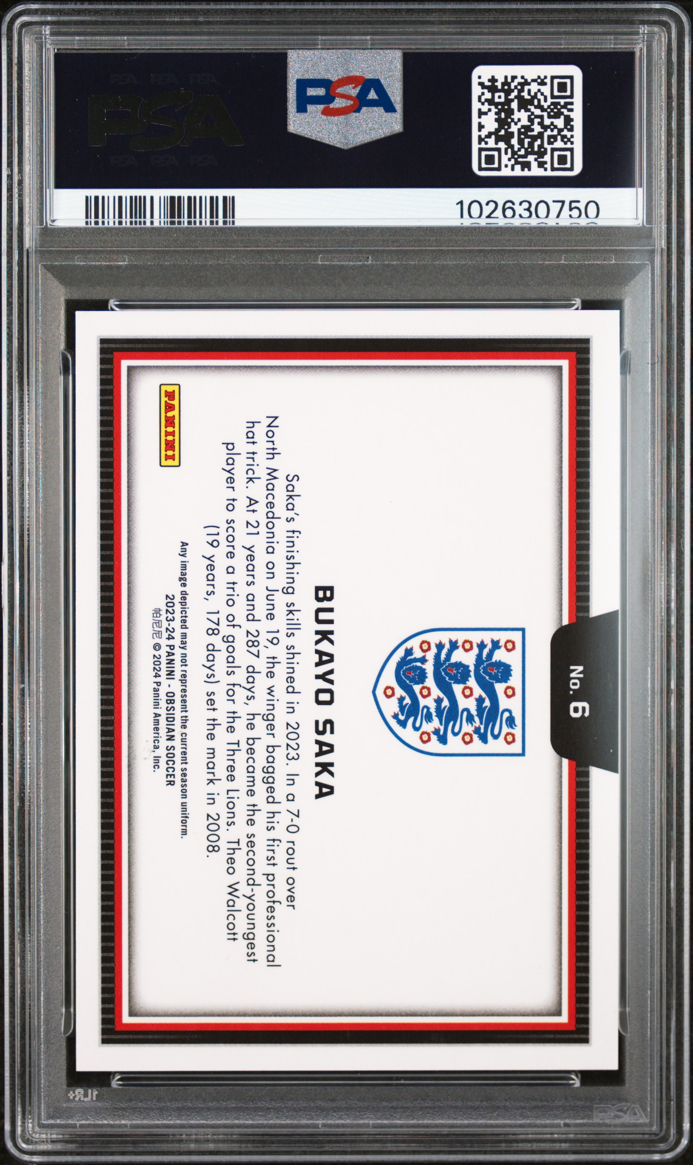 2023 PANINI OBSIDIAN BLACK COLOR BLAST BUKAYO SAKA PSA 9 back