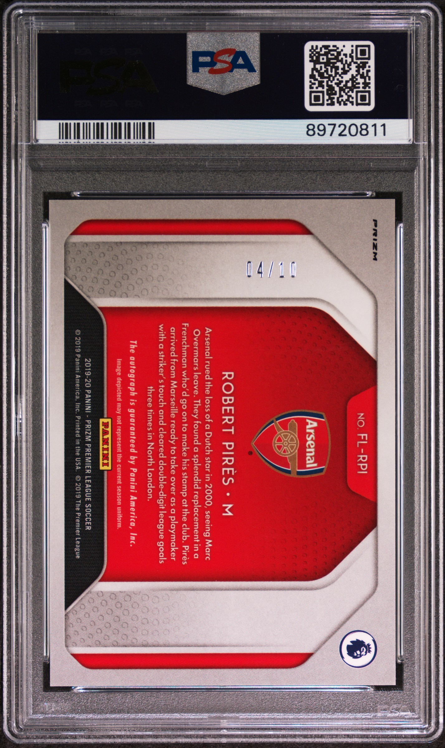 2019 PANINI PRIZM PREMIER LEAGUE FLASHBACK AUTOGRAPHS ROBERT PIRES BREAKAWAY PRIZM-GOLD PSA 9 back