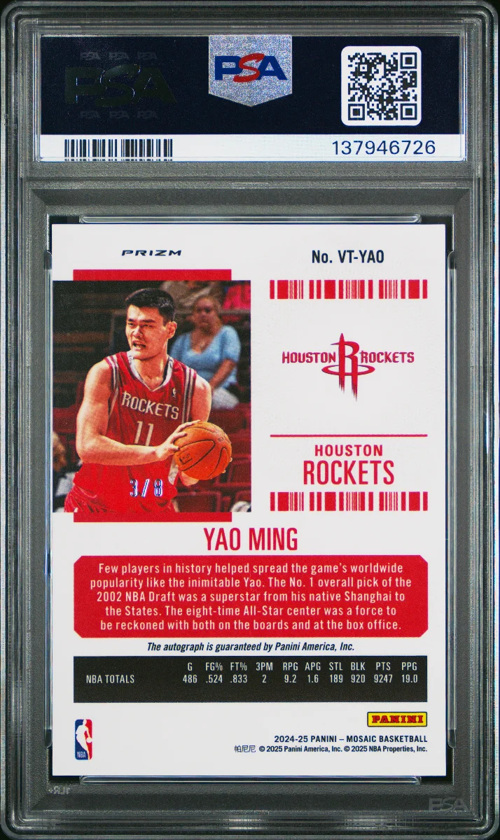 2024 Mosaic Yao Ming Veteran Ticket Autograph Black Gold Choice PSA 9 back