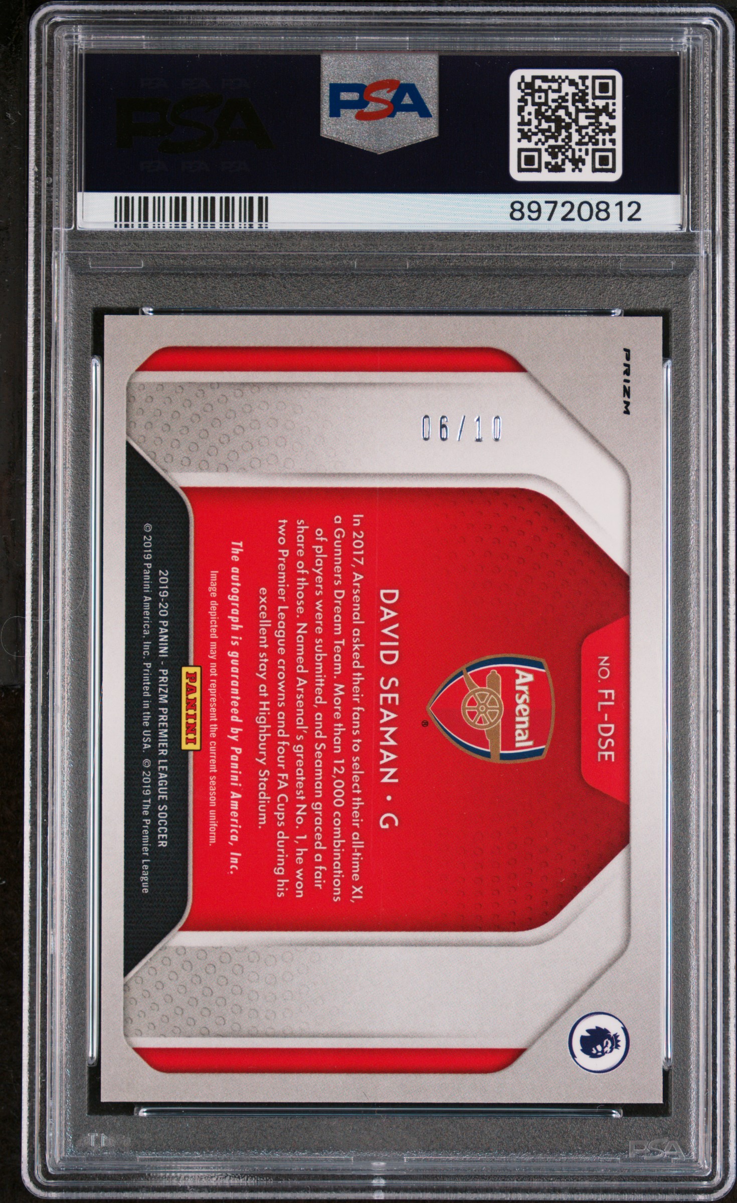 2019 PANINI PRIZM PREMIER LEAGUE FLASHBACK AUTOGRAPHS DAVID SEAMAN BREAKAWAY PRIZM PSA 9 back