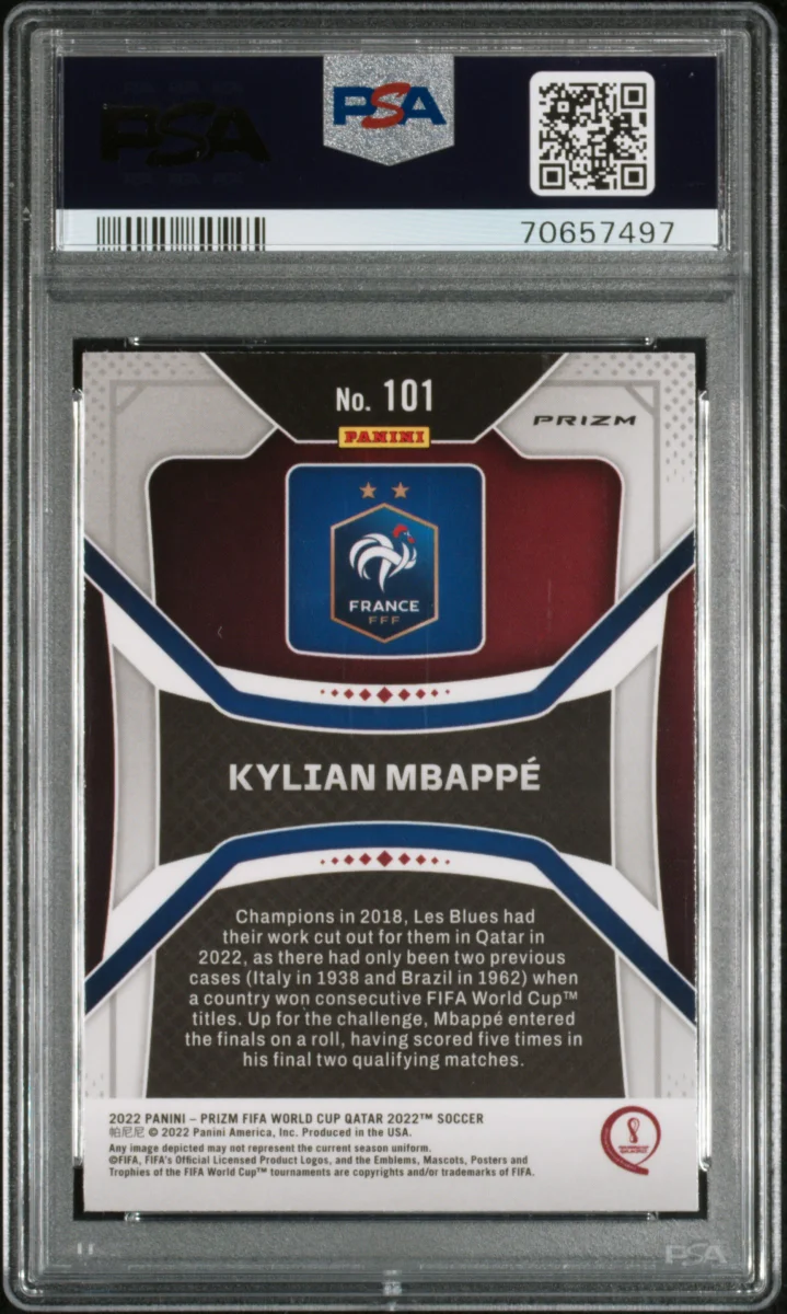2022 Prizm World Cup Kylian Mbappe Tiger Stripe Choice Prizm PSA 9 back