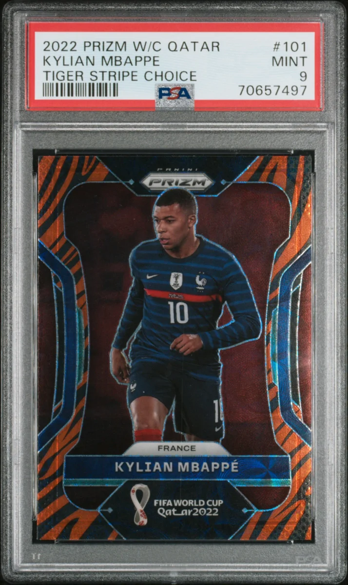 2022 Prizm World Cup Kylian Mbappe Tiger Stripe Choice Prizm PSA 9