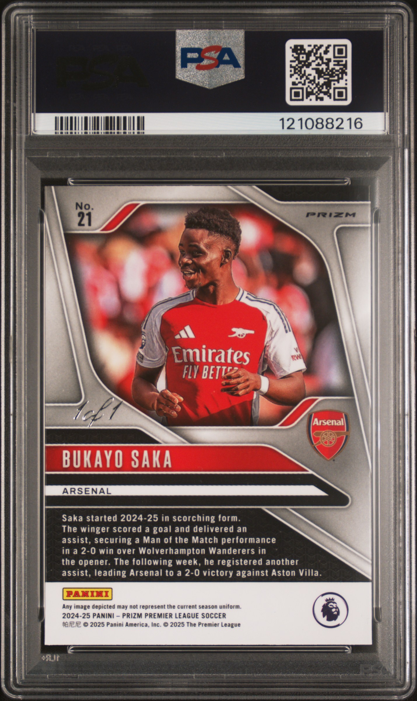 2024-25 Panini English Premier League Prizm Bukayo Saka Black Shimmer 1/1 back