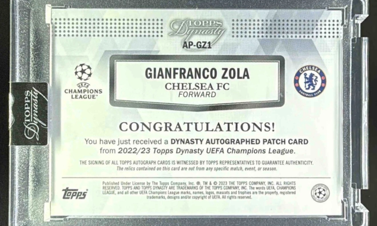 2022 Topps Dynasty UCL Gianfranco Zola Autograph Gold — back
